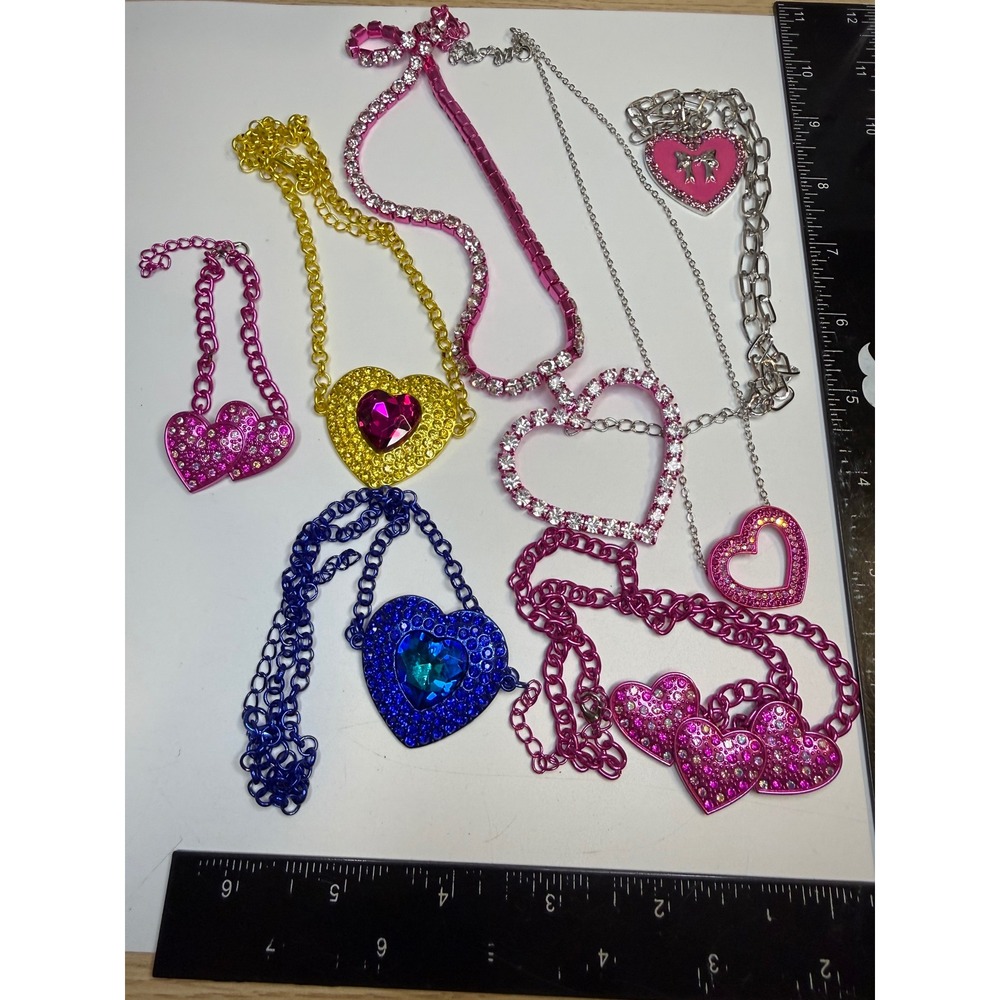 Heart Jewelry Lot Y2K Rhinestone Crystal Pink Blue Yellow Necklaces 7pc Set